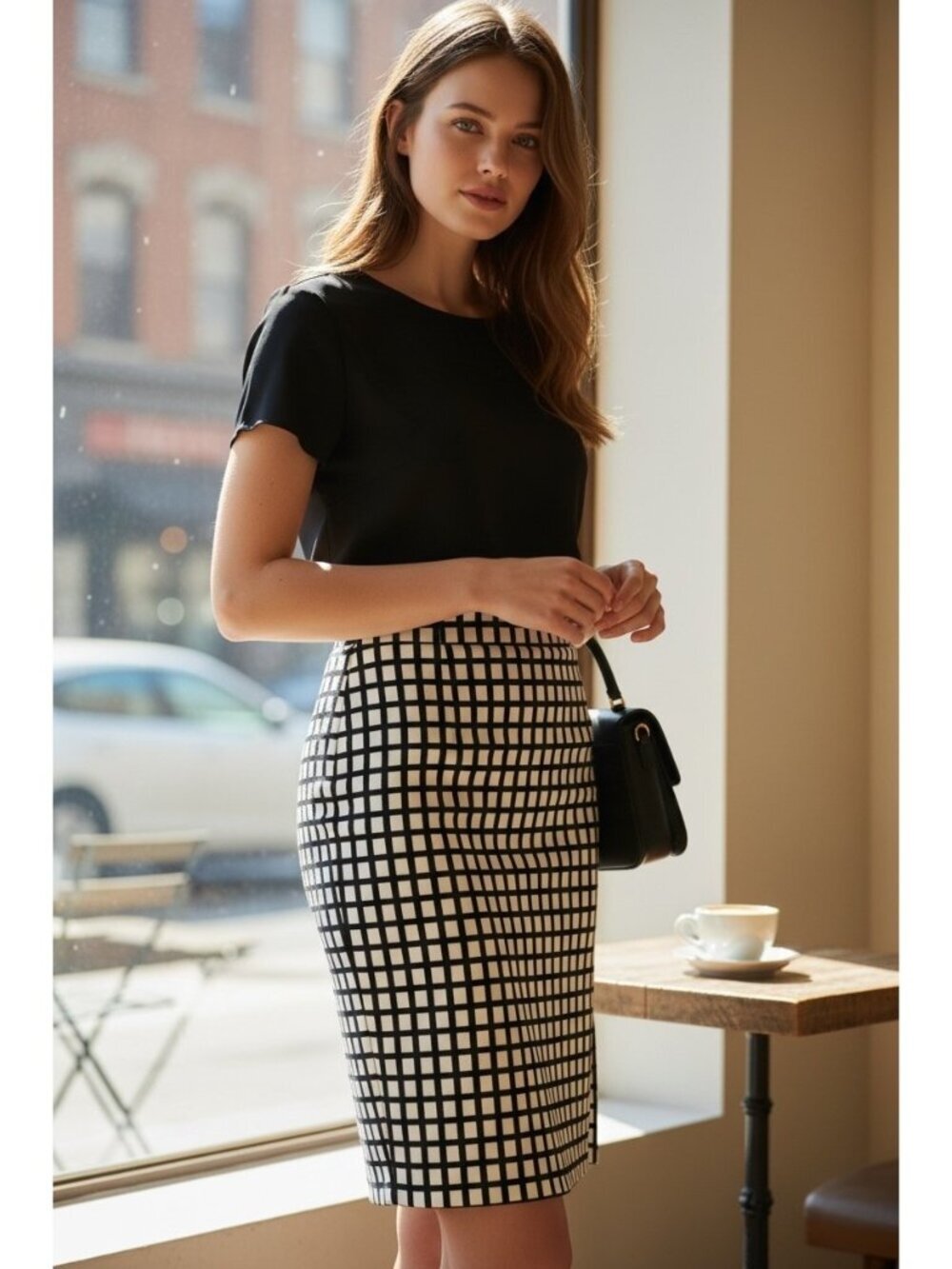 J Crew The Pencil Skirt Black White Check Cotton Skirt Size 0